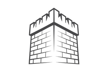 Outlined castle turret rises with classic medieval fortification on clear white backdrop