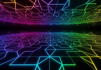 Obraz premium Abstract futuristic background with a glowing rainbow-colored digital grid stretching into infinity on a dark plane.