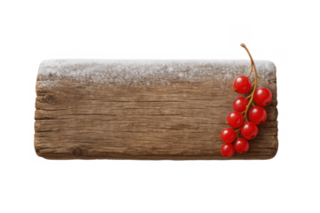 Red currant berries on rustic wooden plank with snow, indicating winter season, transparent background