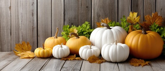 Various pumpkins in different colors are lined up on a wooden surface, surrounded by autumn foliage and plants in cozy decor