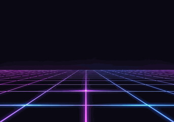 A retro-futuristic grid landscape with neon blue and purple lines against a dark background.
