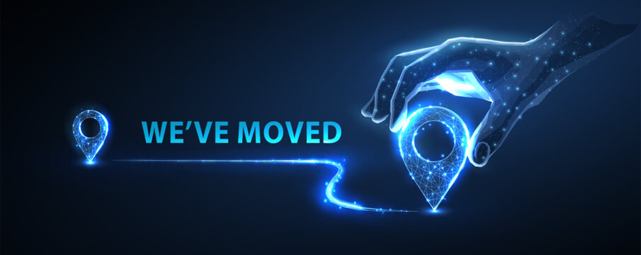 We have moved banner. Two pin icons with move path and hand. New office location, change business address, relocate store or shop, change site address concept

