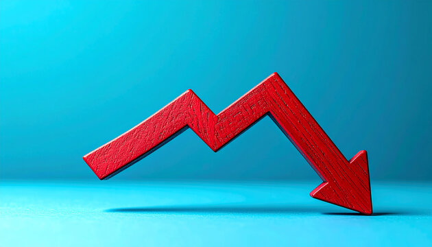Red wooden arrow pointing down. Business, market decline, financial loss or economic downturn