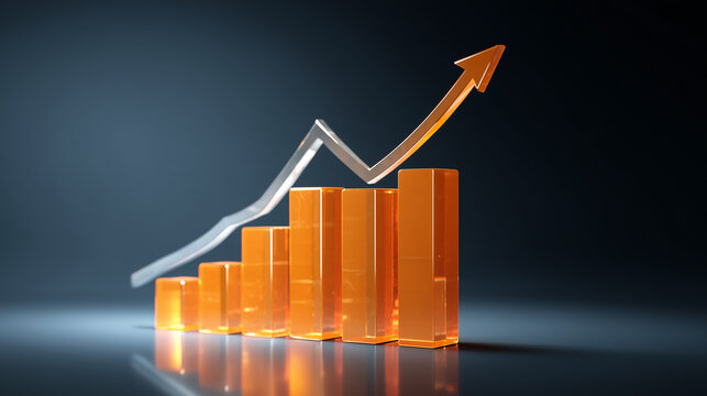 A glowing upward bar chart with an arrow highlights financial growth, market expansion and business success in a futuristic digital environment