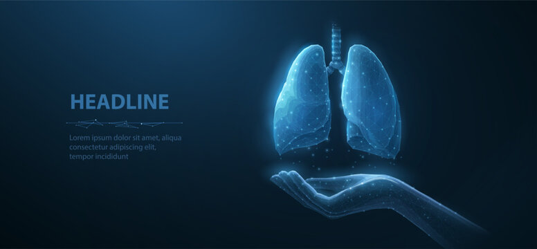 Lung health. Abstract 3d lung on hand. Lung care, tuberculosis awareness, world cancer day, pneumonia patient, organ anatomy, pulmonary medicine, corona virus, lung donor concept. Isolated on blue.