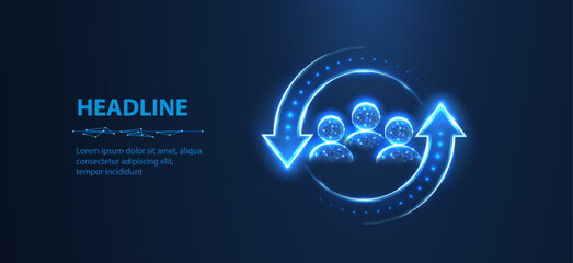 HR update. Three man icons inside arrows in the circle form. Human resource changes, employee retentioin, personnel update, workgroup support, staff retain, hr change concept. Abstract 3d pictogram

