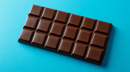 Fototapeta premium A dark chocolate bar with neatly divided square pieces resting on a bright blue textured surface offering a rich and delicious treat for dessert lovers