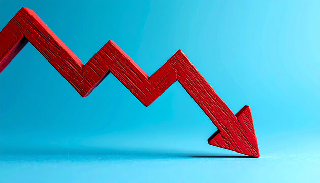 Red wooden arrow pointing down. Business, market decline, financial loss or economic downturn