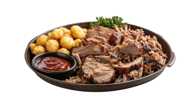 Pulled Pork and Tater Tots isolated on a transparent background