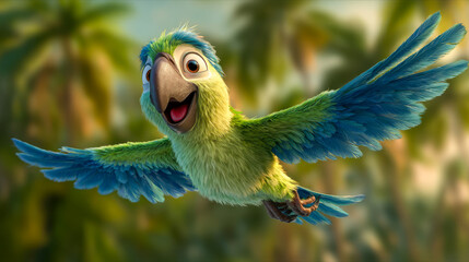 Vibrant green and blue animated parrot flying joyfully with wings spread wide over a tropical background with palm trees and warm sunlight