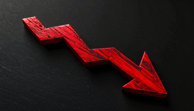 Red wooden arrow pointing downward. Market decline, financial loss, economic downturn.