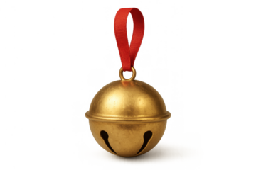 Golden jingle bell hanging with red ribbon, symbolizing christmas festivity, holiday cheer, and winter celebration