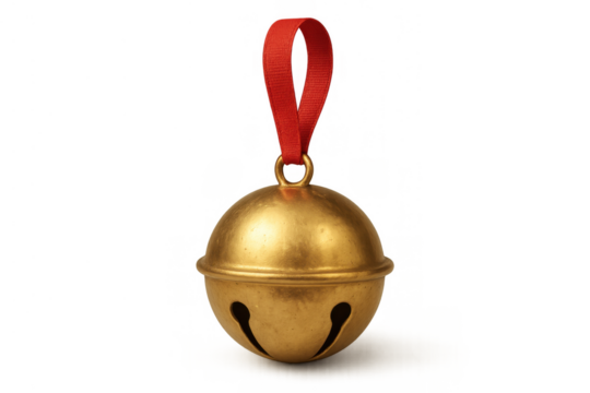 Golden jingle bell hanging with red ribbon, symbolizing christmas festivity, holiday cheer, and winter celebration