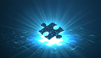 Single puzzle under a puzzle pattern with a shining bright puzzle hole. 3d abstract low pole. Business strategy, success digital solution, jigsaw games symbol. Creative idea, corporate mission concept