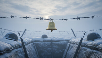 Christmas bell golden on barbed wire above snowy trench with rifles