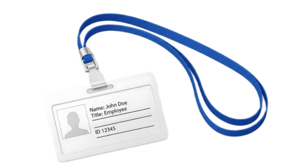 Employee identification badge with blue lanyard and clip showing name title and id information