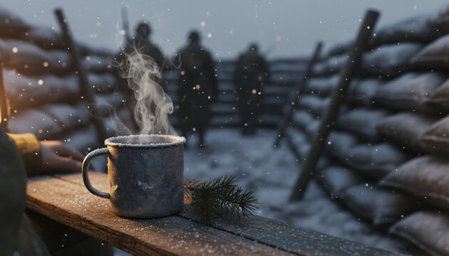Steaming mug comforting in snowy trench with soldiers and falling snow