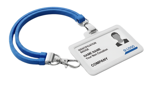 Identification badge with a blue lanyard and a white card holder on a transparent background