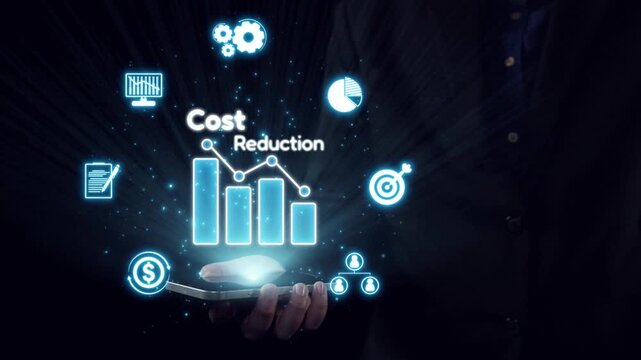 A hand holding a smartphone displays an innovative digital concept of cost reduction featuring graphs, icons, and analytics in a dark environment, symbolizing business strategy. Qubit