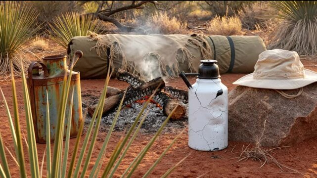 Rustic Outback Survival Camp with Smoldering Campfire