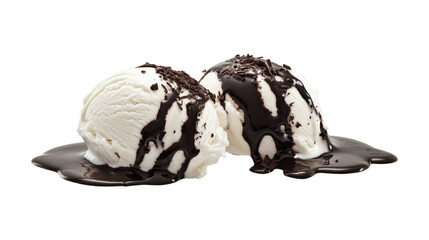 Two scoops vanilla ice cream chocolate sauce isolated on a transparent background