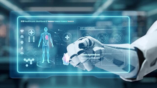 Close up of robot hand pointing and tapping at human anatomy hologram with blur laboratory background. Robot hand clicking at x ray dashboard to connect medical data to diagnosis symptom. Salubrious.