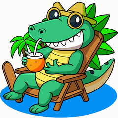 Happy cartoon alligator relaxing in a beach chair with a drink silhouette
