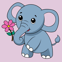 Fototapeta premium Cute cartoon elephant holding a pink flower with big eyes silhouette