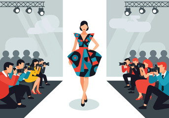 Obraz premium Flat vector of model walking fashion runway with photographers and lights, elegance and glamour concept
