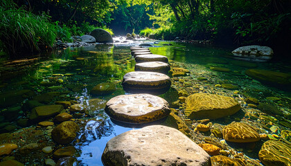 Stepping stones forming path across clear stream, visible rocks beneath transparent water