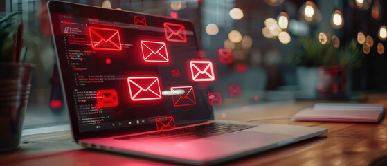 Laptop displaying red digital warning icons representing phishing, spam email, cybersecurity risk, data protection and online security concept.