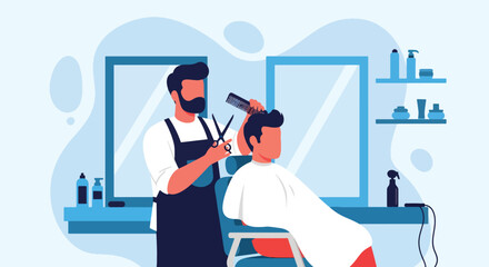 Flat vector of barber cutting man’s hair in modern barbershop, men’s grooming and style concept