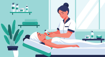Flat vector of skincare therapist giving facial treatment in spa room, relaxation and wellness illustration