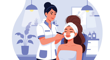 Flat vector of skincare therapist giving facial treatment in spa room, relaxation and wellness illustration