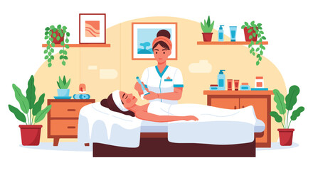 Flat vector of skincare therapist giving facial treatment in spa room, relaxation and wellness illustration