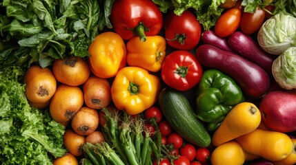 Vibrant display of fresh vegetables including peppers tomatoes lettuce and eggplants arranged together