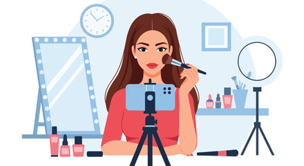 Flat vector of beauty influencer filming makeup tutorial with smartphone and ring light setup, content creation and digital marketing theme