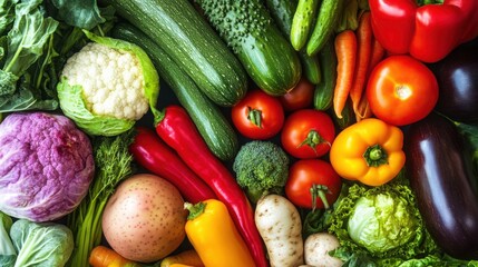 An overhead shot of a colorful assortment of fresh vegetables including peppers and cauliflower and tomatoes