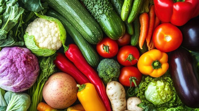 An overhead shot of a colorful assortment of fresh vegetables including peppers and cauliflower and tomatoes - Powered by Adobe