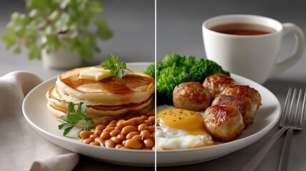 Warm pancakes topped with butter, savory sausages, baked beans, and a cup of coffee create a delightful breakfast experience