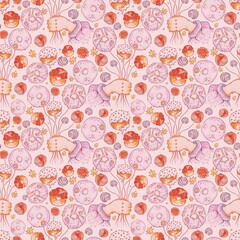 Warm hand-drawn seamless pattern showcasing orange-glazed donuts, jellyfish and stars in soft watercolor tones of peach, orange, and lavender. Great for cozy kitchen textiles, bakery branding