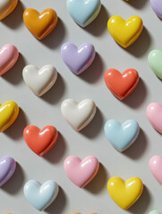 Colorful glossy heart-shaped objects arranged diagonally on a light surface creating a playful and charming pattern with soft shadows and smooth textures