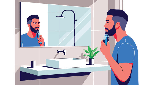 Flat vector of man trimming beard with electric shaver in front of mirror, men’s fashion and self-care theme