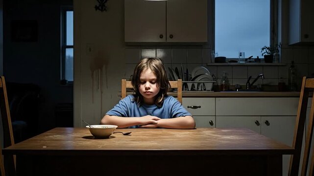 Lonely child faces social problems, isolation, and empty plate at dining table