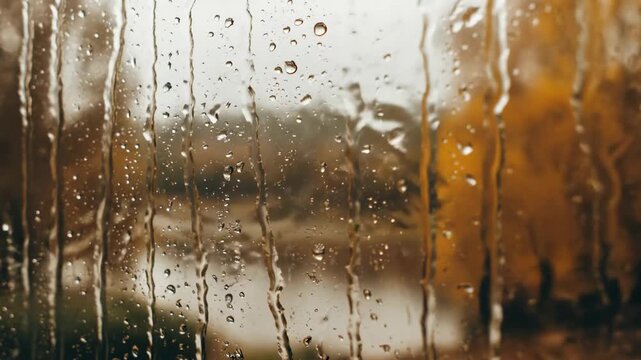 A serene, close-up perspective of a windowpane adorned with a multitude of glistening raindrops. Individual water droplets cling to the glass surface, some forming delicate streaks as they slowly slid