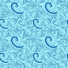 Hand-drawn seamless pattern featuring elegant swirling hearts, ribbon bows, snowflakes, and croissants ornaments in deep blue line art on a soft blue background.