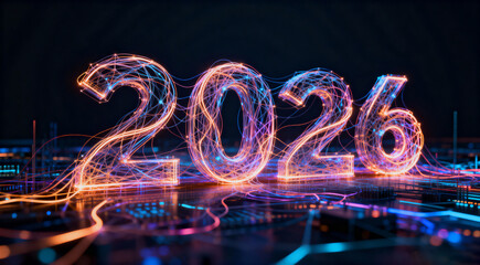 year 2026 network glowing, neon complex