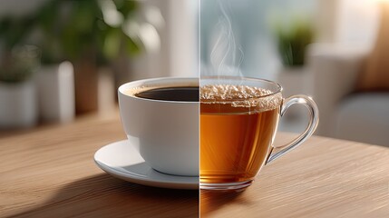 Obraz premium Two cups of steaming drinks sit on a wooden table, surrounded by natural light and a leafy plant, offering a peaceful atmosphere