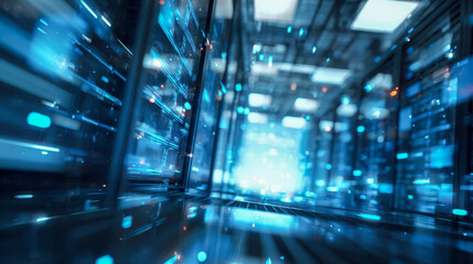 Futuristic data center aisle with illuminated servers and glowing blue digital light effects symbolizing high-speed data transfer and advanced technology systems