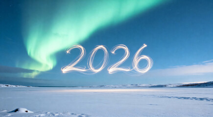 The year 2026 written in glowing light trails under the majestic Aurora Borealis (Northern Lights) over a vast, snow-covered arctic landscape.